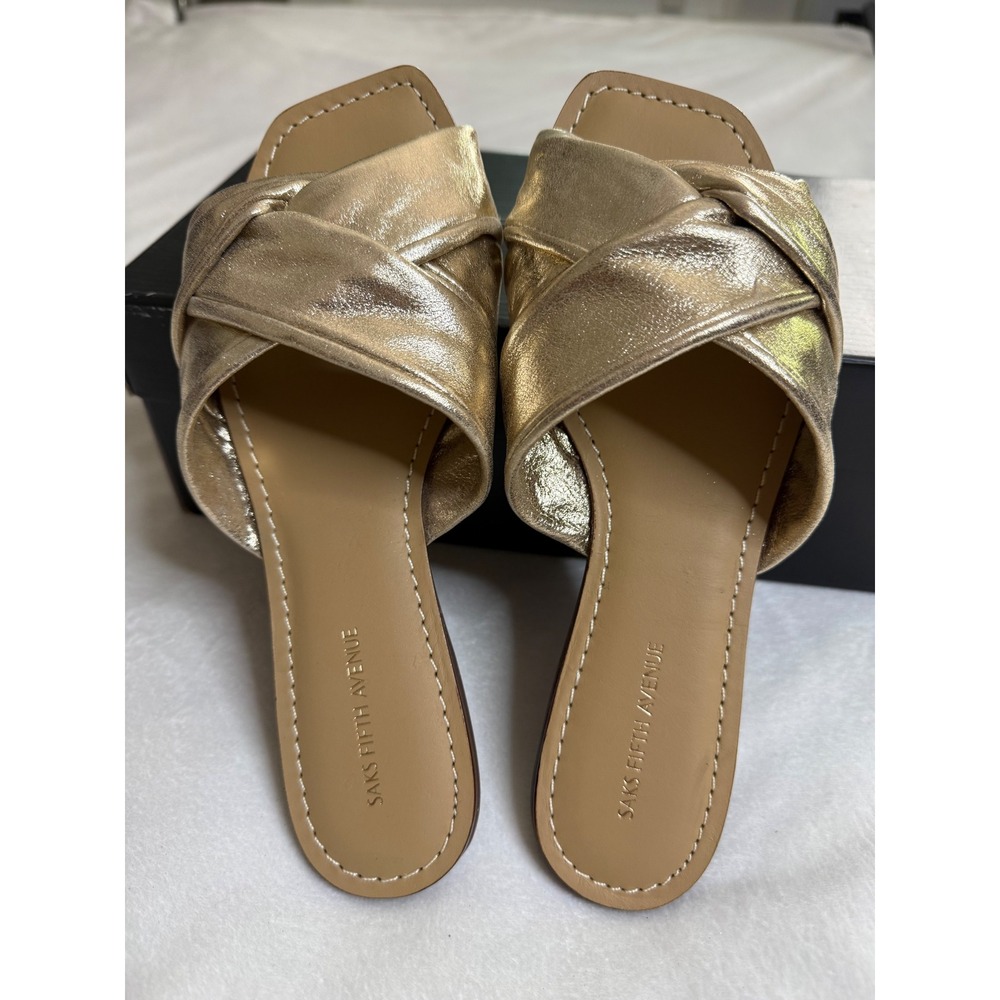Saks Fifth Avenue Gold Metallic Twisted Knot Slide Sandals Square Toe Flat 6M